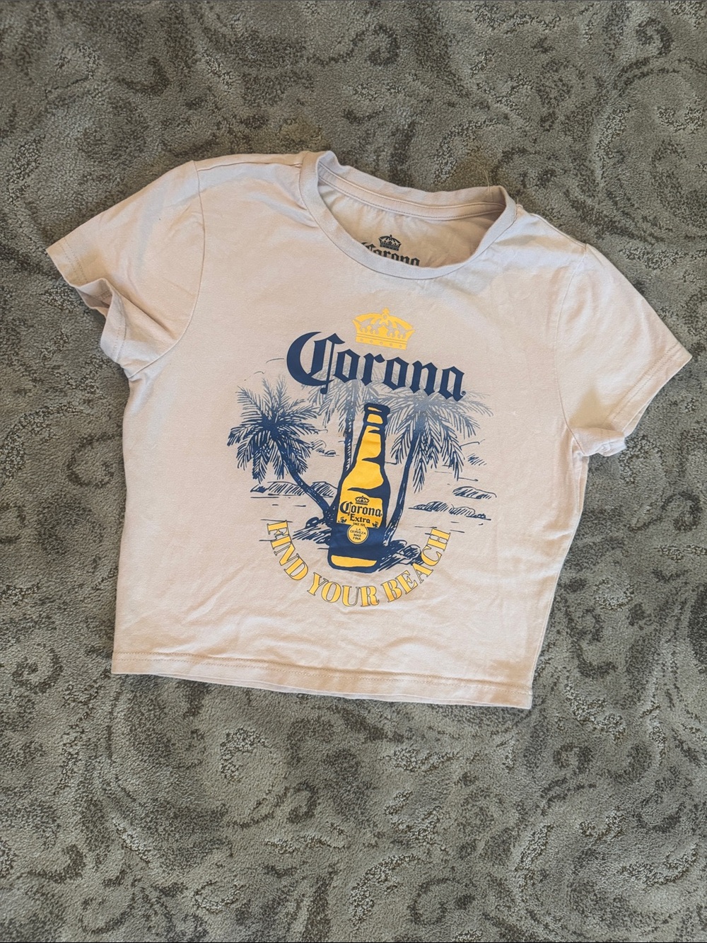 Corona tan Crop Tee with Navy & Yellow Graphic